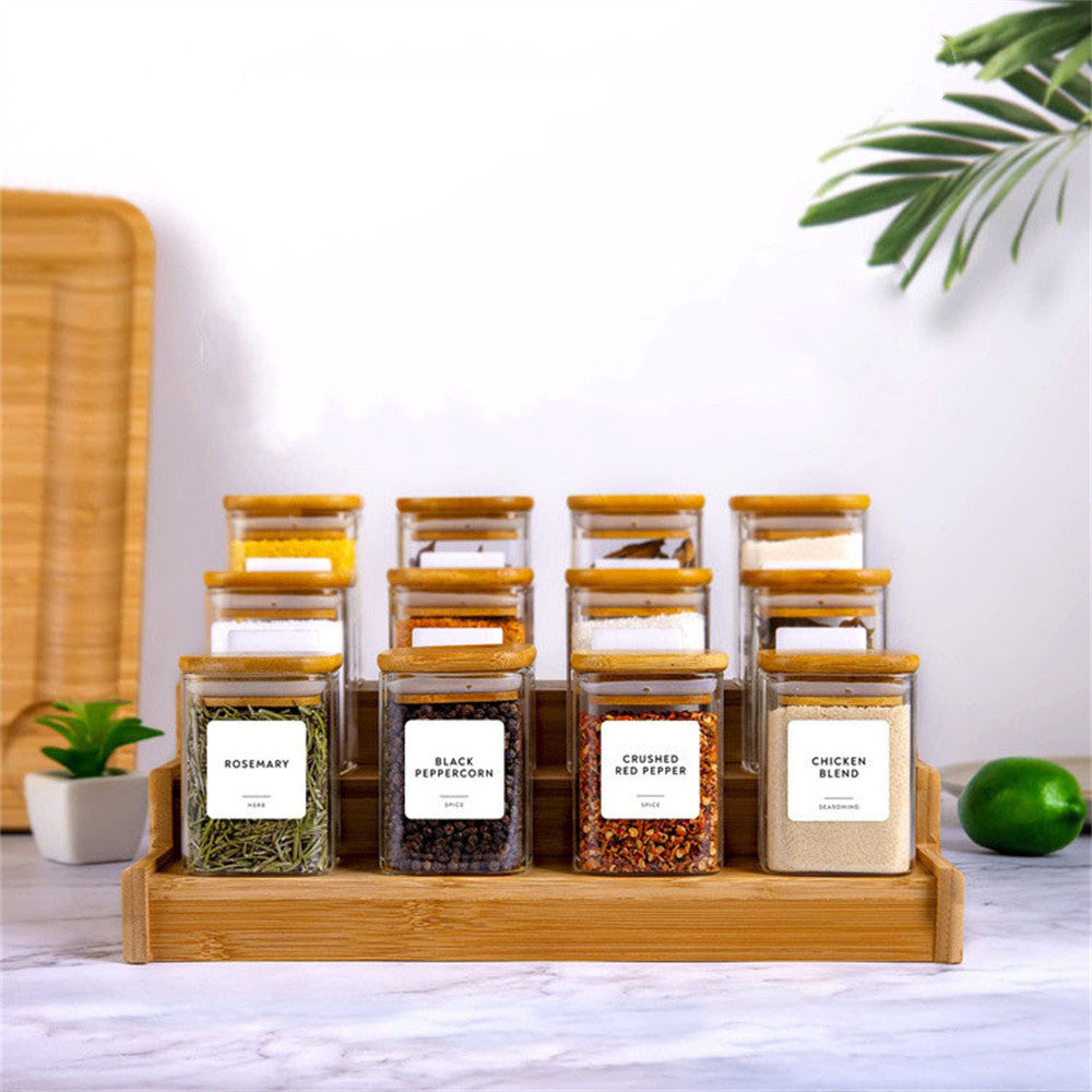 Square Bamboo Lid Glass Spice Jar Set