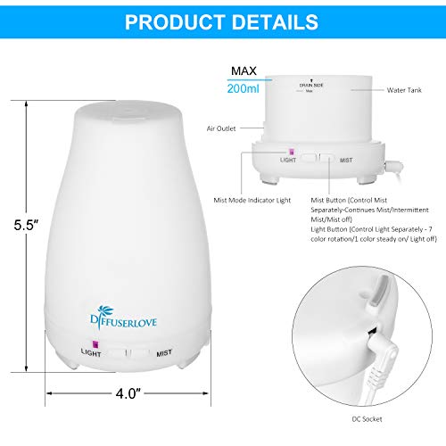 Diffuserlove Essential Oil Diffusers 200ML Remote Control Ultrasonic Mist Humidifiers BPA