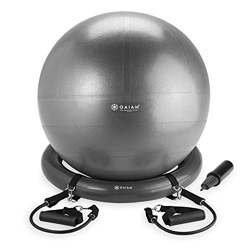 Gaiam Balance Ball, Base & Resistance Band Kit, 65cm Yoga Ball Chair, Exercise Ball