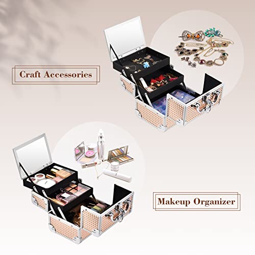 Frenessa Makeup Train Case Portable Cosmetic Box Makeup Organizer Case Jewelry Organizer 2 Trays with Mirror Makeup Storage Box