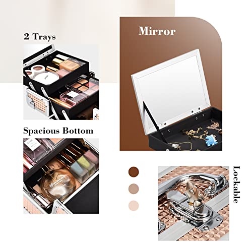Frenessa Makeup Train Case Portable Cosmetic Box Makeup Organizer Case Jewelry Organizer 2 Trays with Mirror Makeup Storage Box