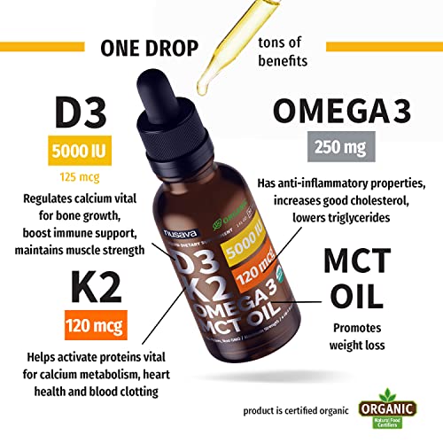 Organic Vitamin D3 K2 Drops w MCT Oil Omega 3, 5000 IU