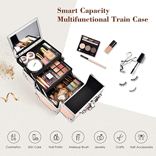 Frenessa Makeup Train Case Portable Cosmetic Box Makeup Organizer Case Jewelry Organizer 2 Trays with Mirror Makeup Storage Box
