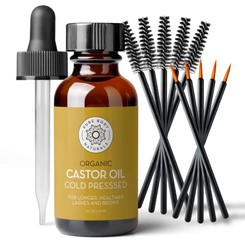 Organic Castor Oil for Eyelashes and Eyebrows with Applicator Kit