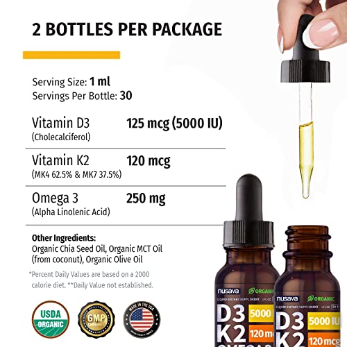 Organic Vitamin D3 K2 Drops w MCT Oil Omega 3, 5000 IU