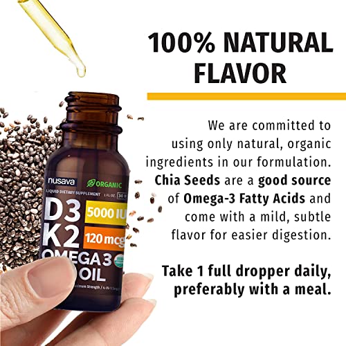 Organic Vitamin D3 K2 Drops w MCT Oil Omega 3, 5000 IU