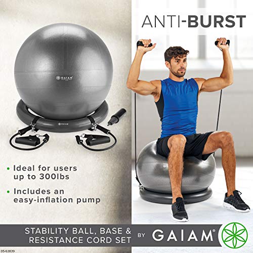 Gaiam Balance Ball, Base & Resistance Band Kit, 65cm Yoga Ball Chair, Exercise Ball