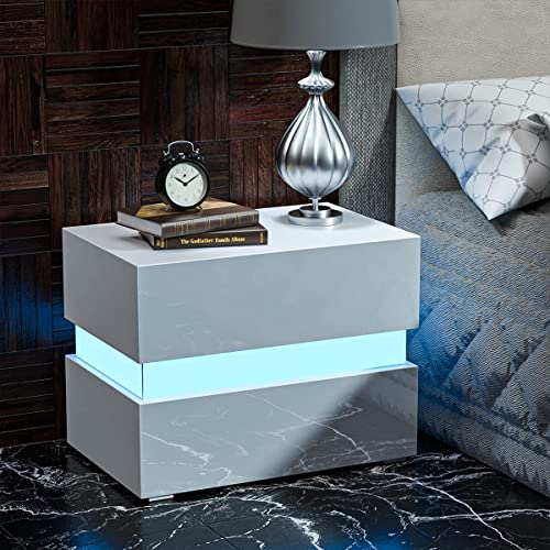 HALLOLURE LED Nightstand, Modern Design End Table Tall 2-Drawer
