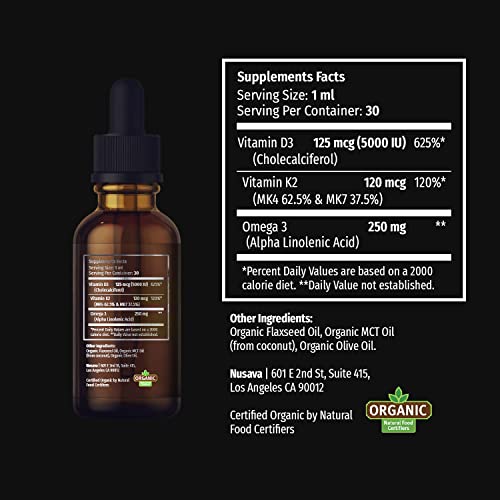 Organic Vitamin D3 K2 Drops w MCT Oil Omega 3, 5000 IU
