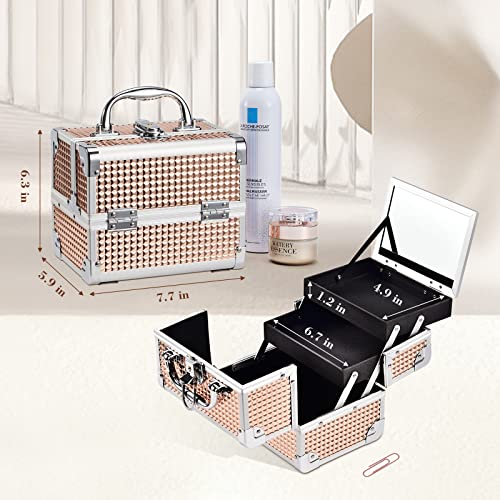 Frenessa Makeup Train Case Portable Cosmetic Box Makeup Organizer Case Jewelry Organizer 2 Trays with Mirror Makeup Storage Box
