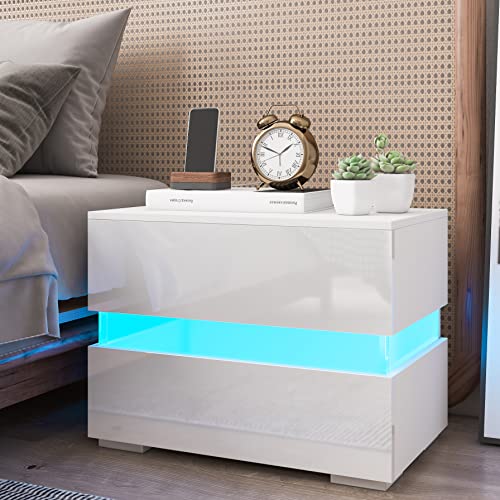 HALLOLURE LED Nightstand, Modern Design End Table Tall 2-Drawer